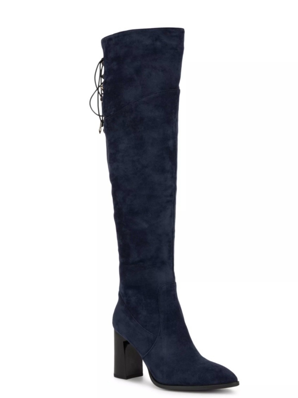 New TORGEIS Over-the-Knee Navy Suede Block Heel Boots with Back Lace
